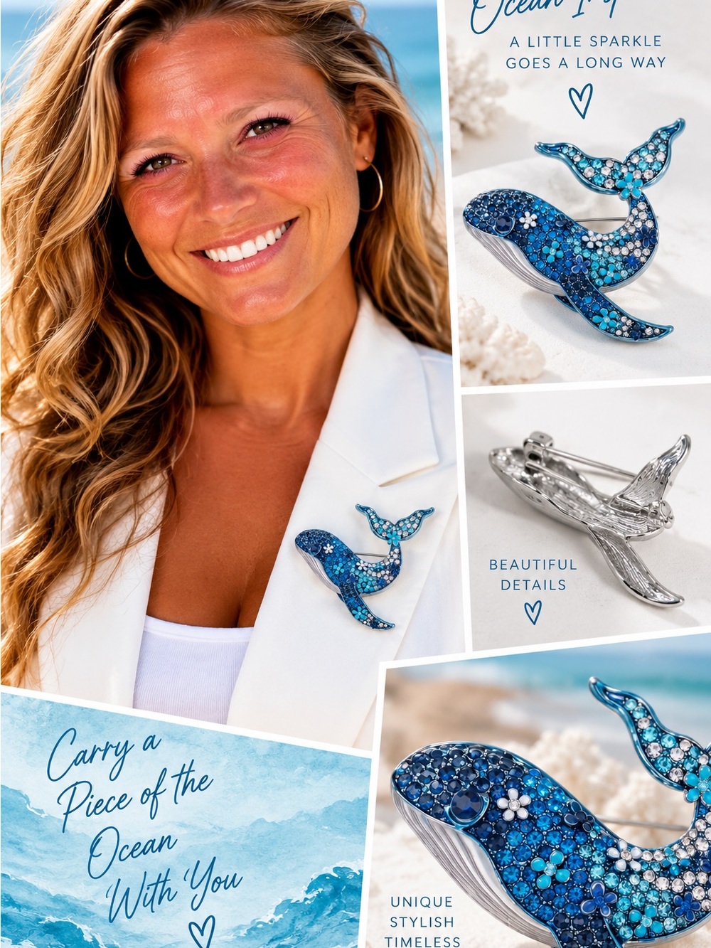 Ocean Blue Crystal Rhinestone Whale Brooch